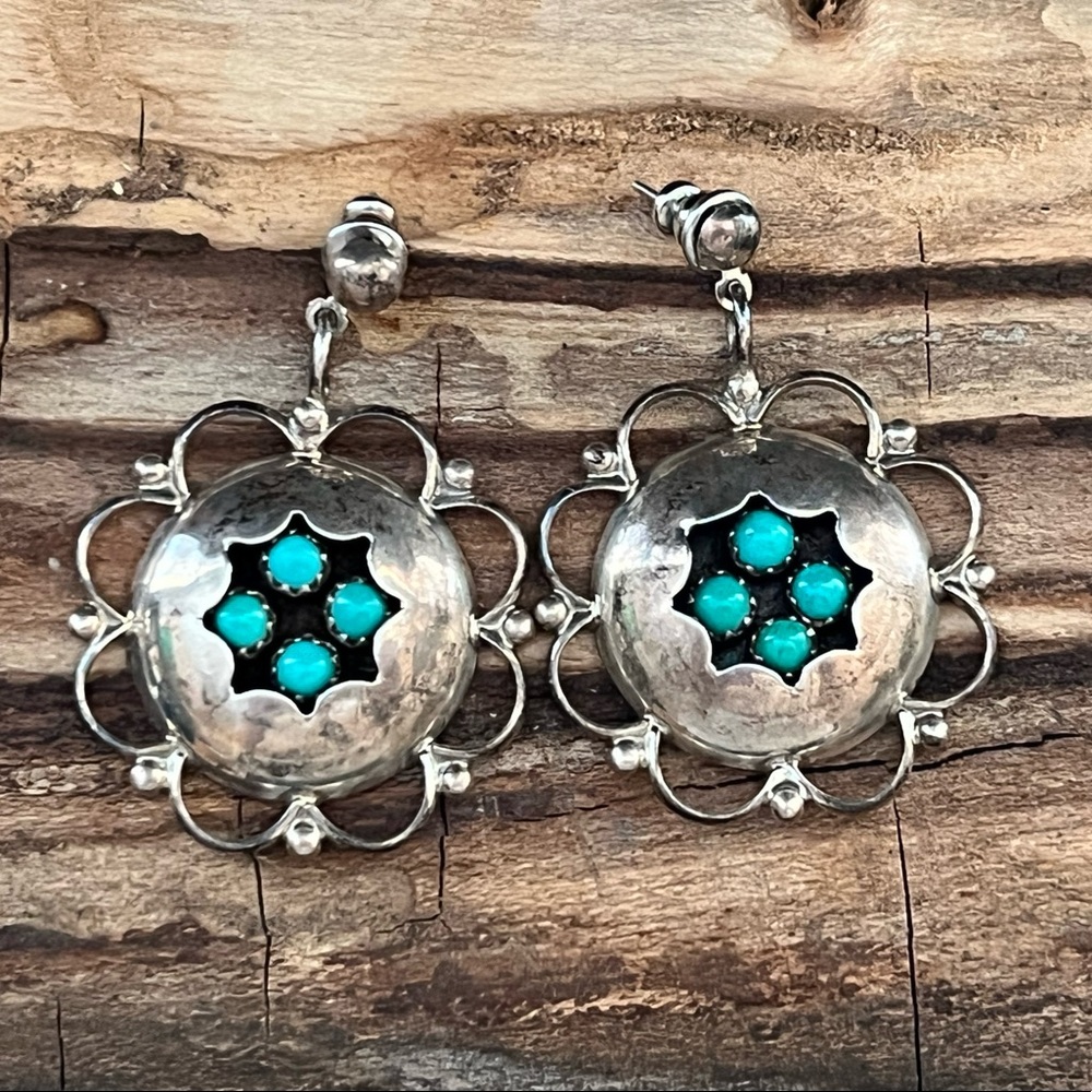 Vintage Native American Sterling Silver Turquoise Shadow Box Earrings